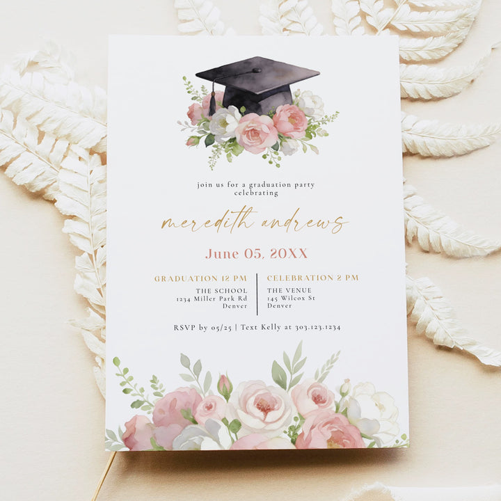 MEREDITH Blush Watercolor Floral Graduation Party Invitation