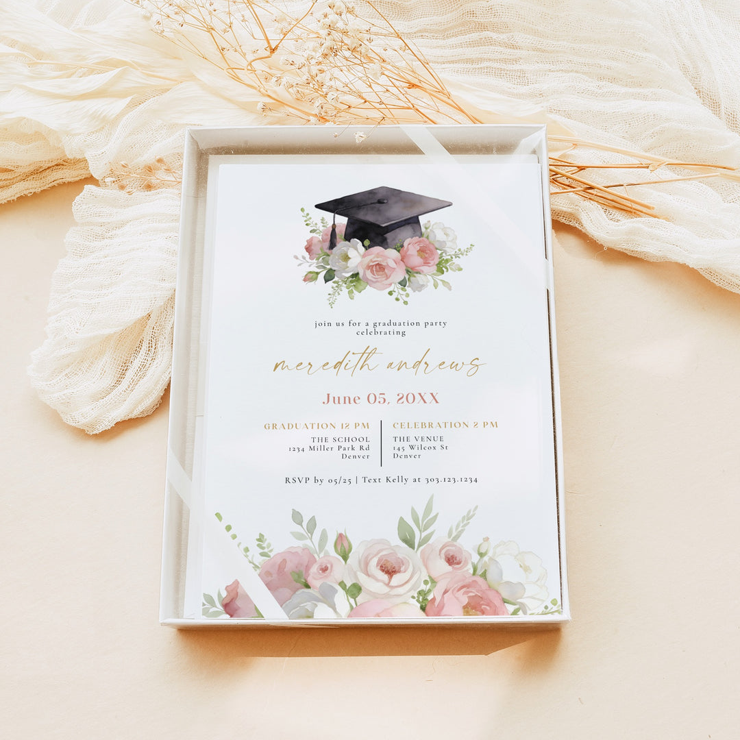 MEREDITH Blush Watercolor Floral Graduation Party Invitation