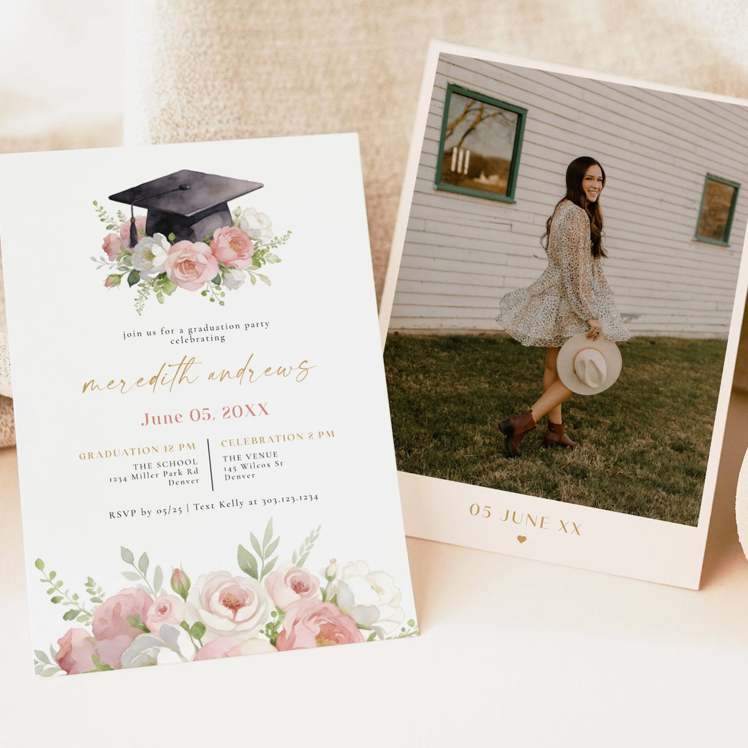 MEREDITH Blush Watercolor Floral Graduation Party Invitation