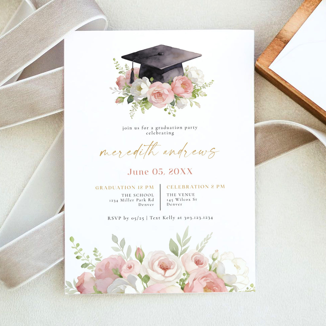 MEREDITH Blush Watercolor Floral Graduation Party Invitation