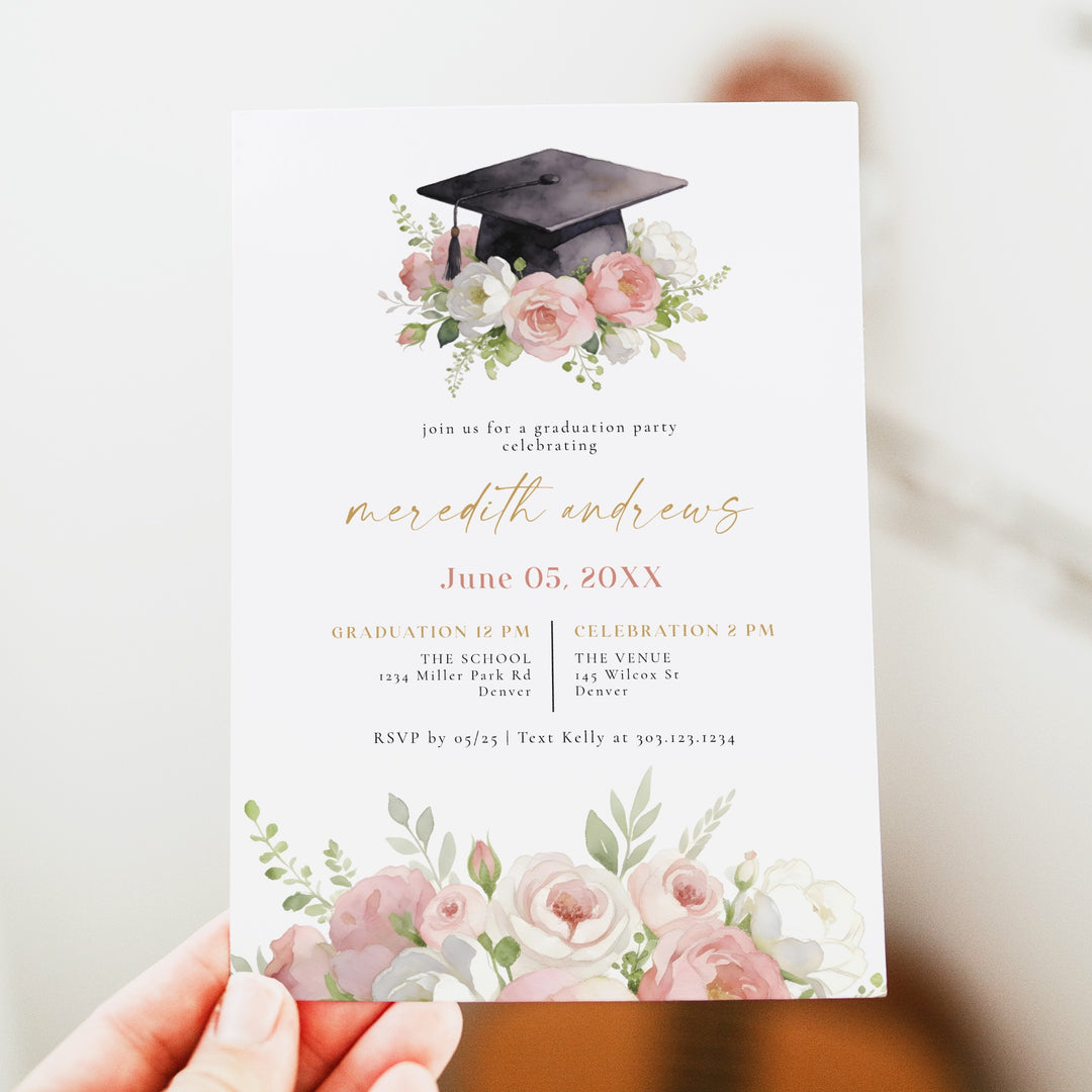 MEREDITH Blush Watercolor Floral Graduation Party Invitation