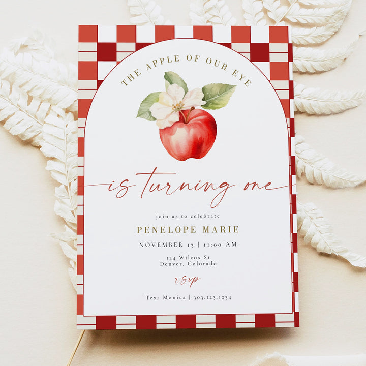 PENELOPE Apple Of Our Eye Red Gingham First Birthday Party Invitation