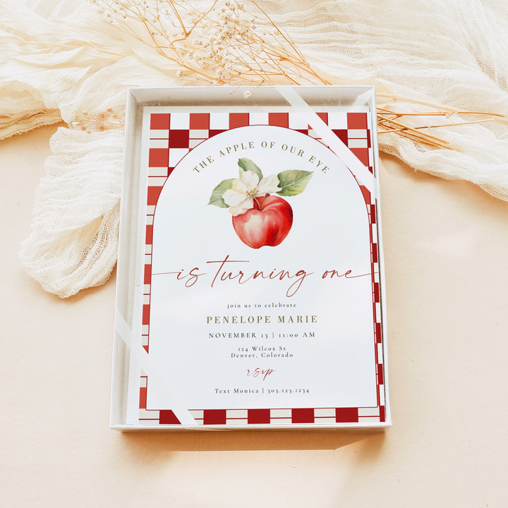 PENELOPE Apple Of Our Eye Red Gingham First Birthday Party Invitation