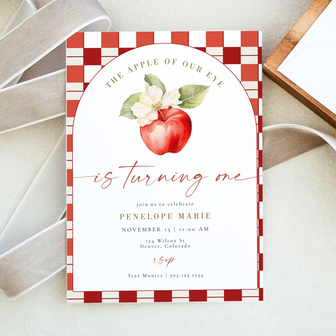 PENELOPE Apple Of Our Eye Red Gingham First Birthday Party Invitation