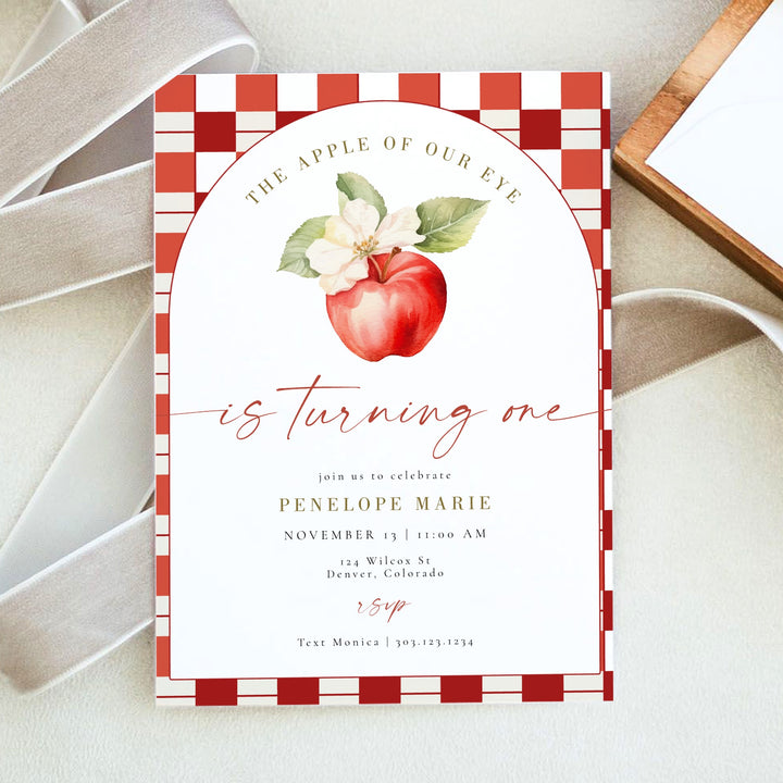 PENELOPE Apple Of Our Eye Red Gingham First Birthday Party Invitation