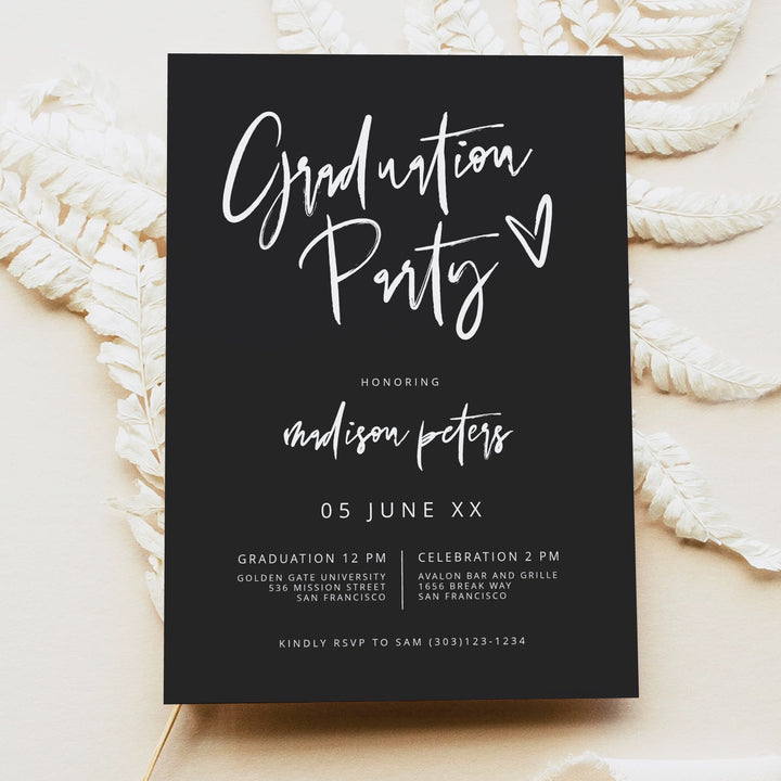 PRIYA Modern Black Graduation Party with Photo Invitation