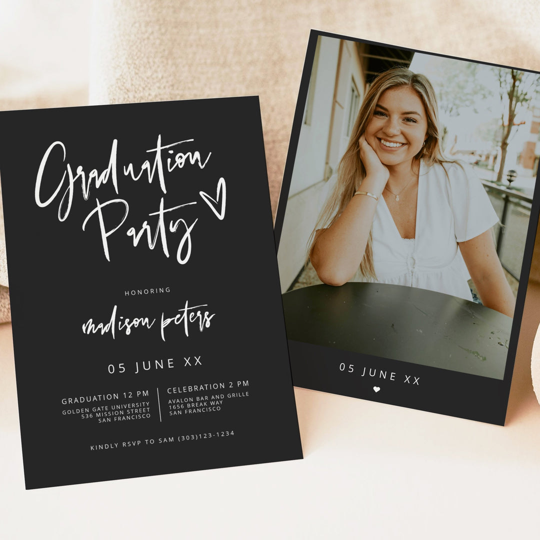PRIYA Modern Black Graduation Party with Photo Invitation