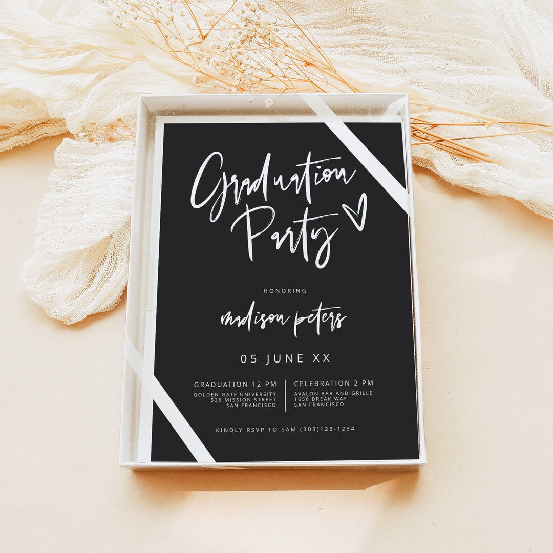 PRIYA Modern Black Graduation Party with Photo Invitation