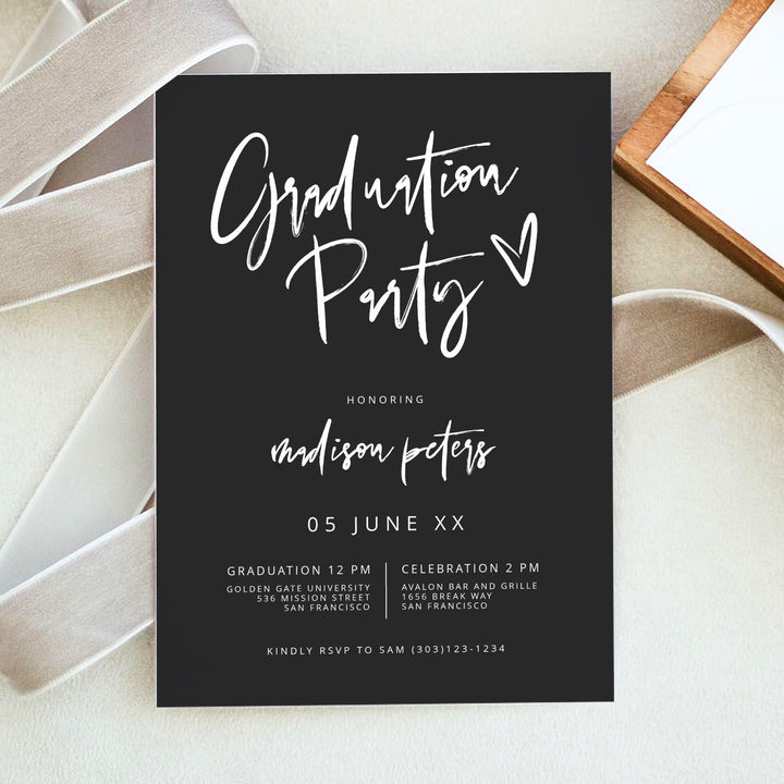 PRIYA Modern Black Graduation Party with Photo Invitation
