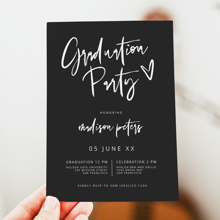 PRIYA Modern Black Graduation Party with Photo Invitation