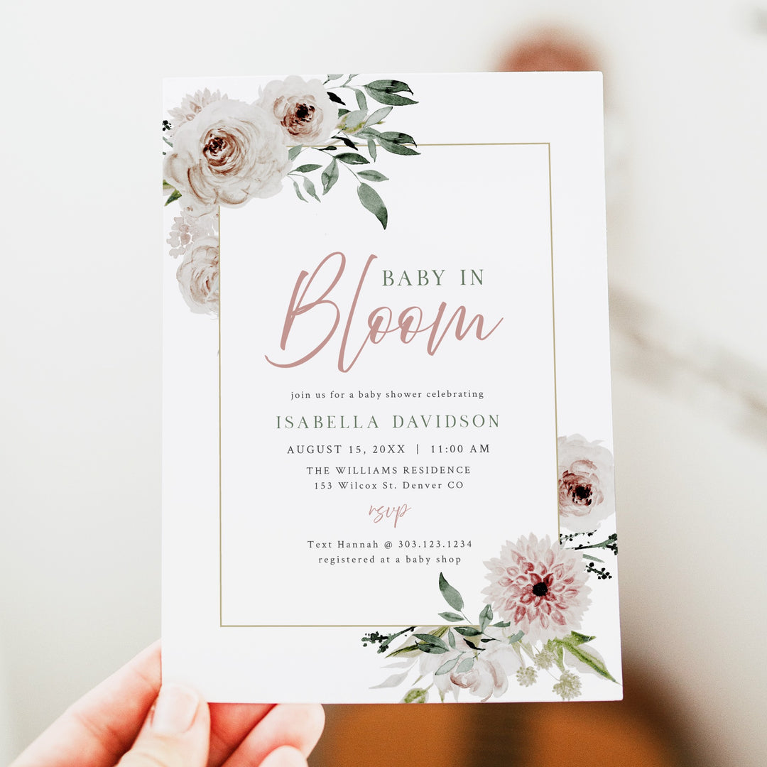 ROBYN Dusty Rose Elegant Floral Baby Shower Invitation