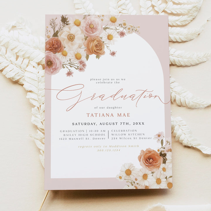 TATIANA Pink Boho Floral Graduation Invitation with Photo