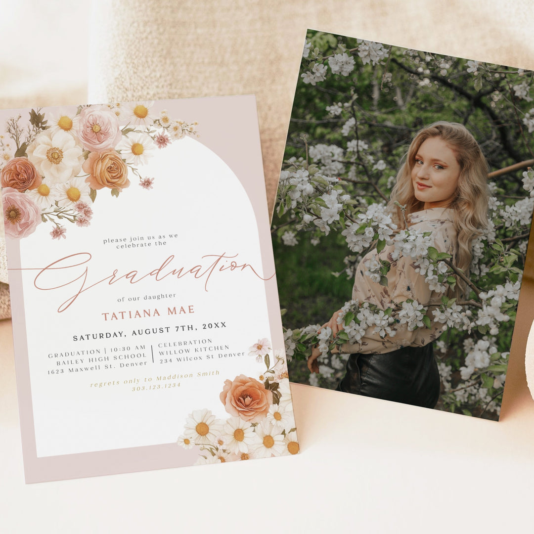 TATIANA Pink Boho Floral Graduation Invitation with Photo