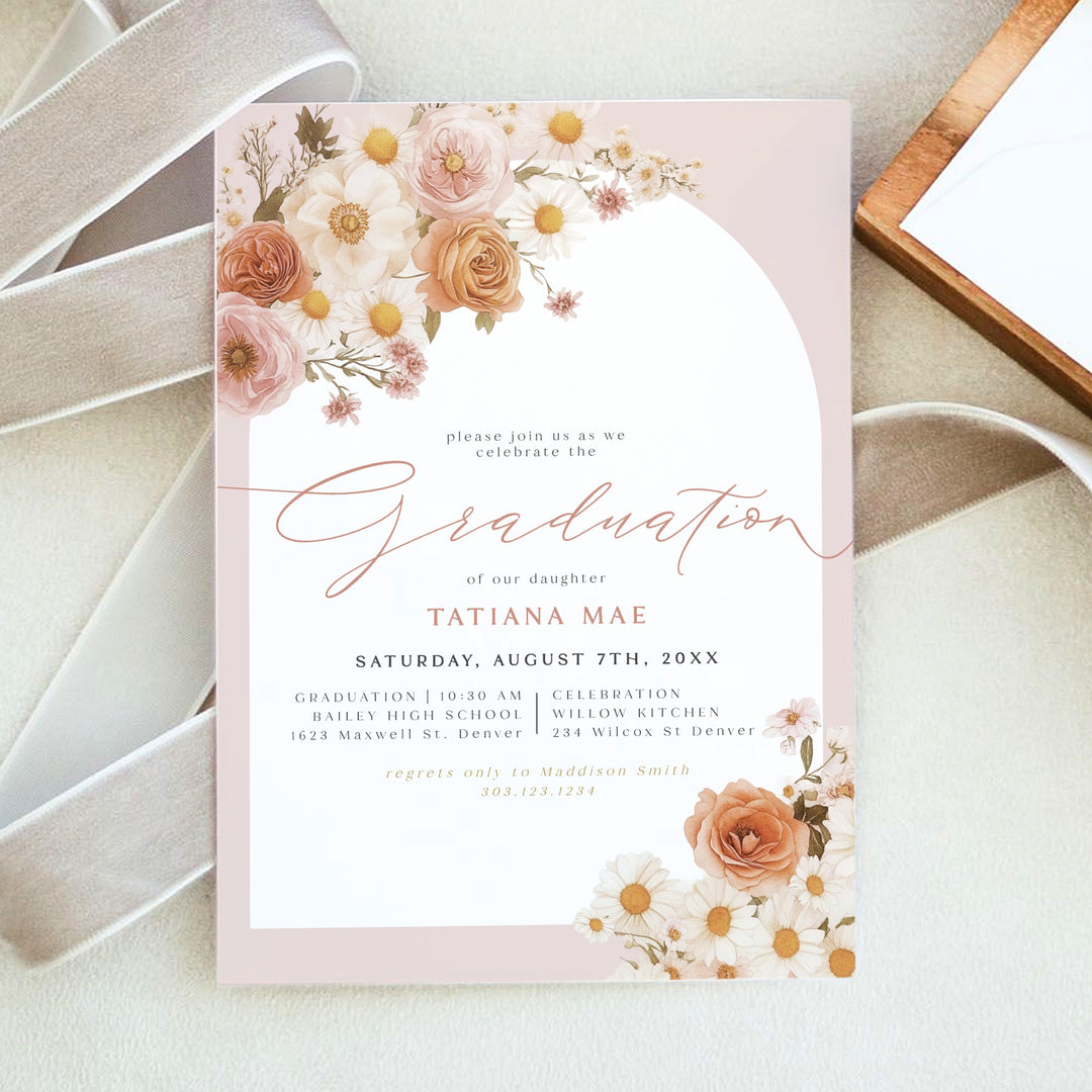 TATIANA Pink Boho Floral Graduation Invitation with Photo