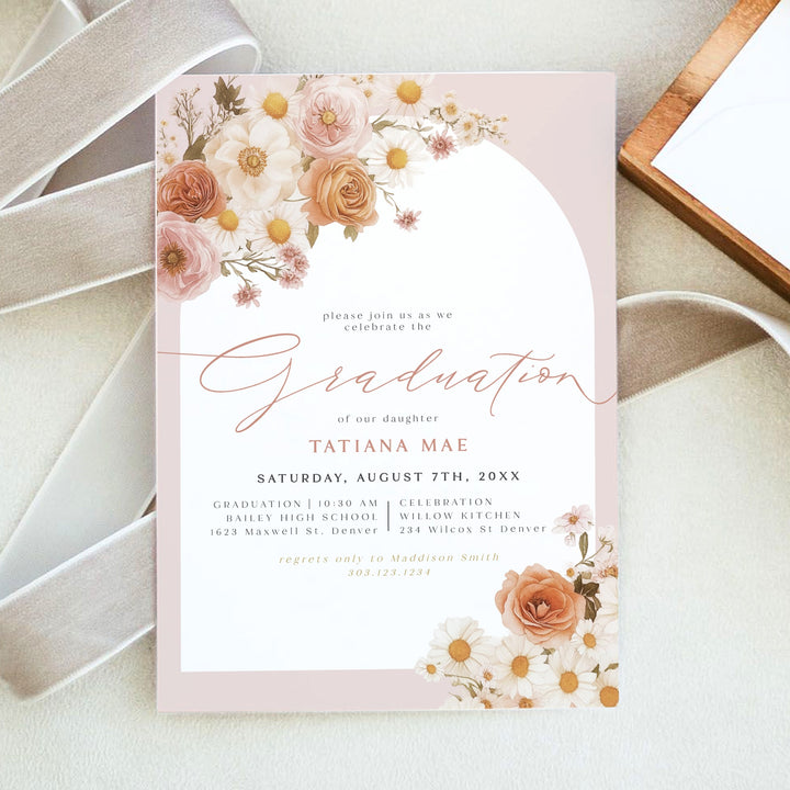 TATIANA Pink Boho Floral Graduation Invitation with Photo