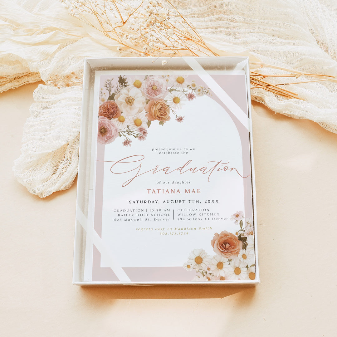 TATIANA Pink Boho Floral Graduation Invitation with Photo