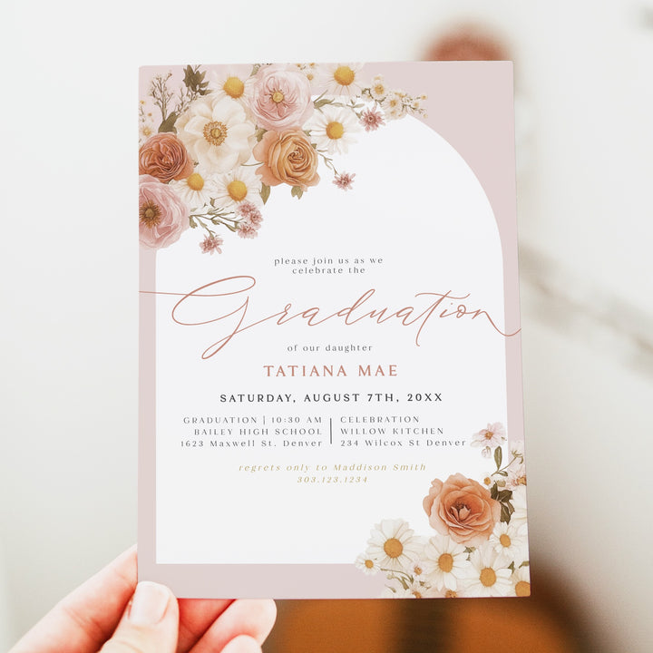TATIANA Pink Boho Floral Graduation Invitation with Photo