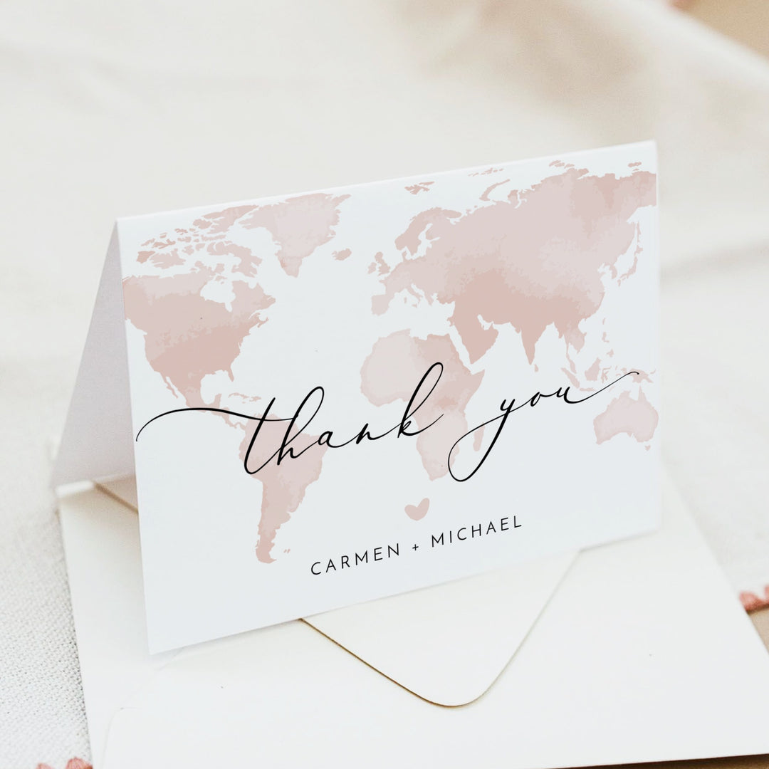CARMEN Pink World Map Travel Destination Thank You Card