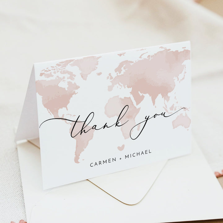 CARMEN Pink World Map Travel Destination Thank You Card