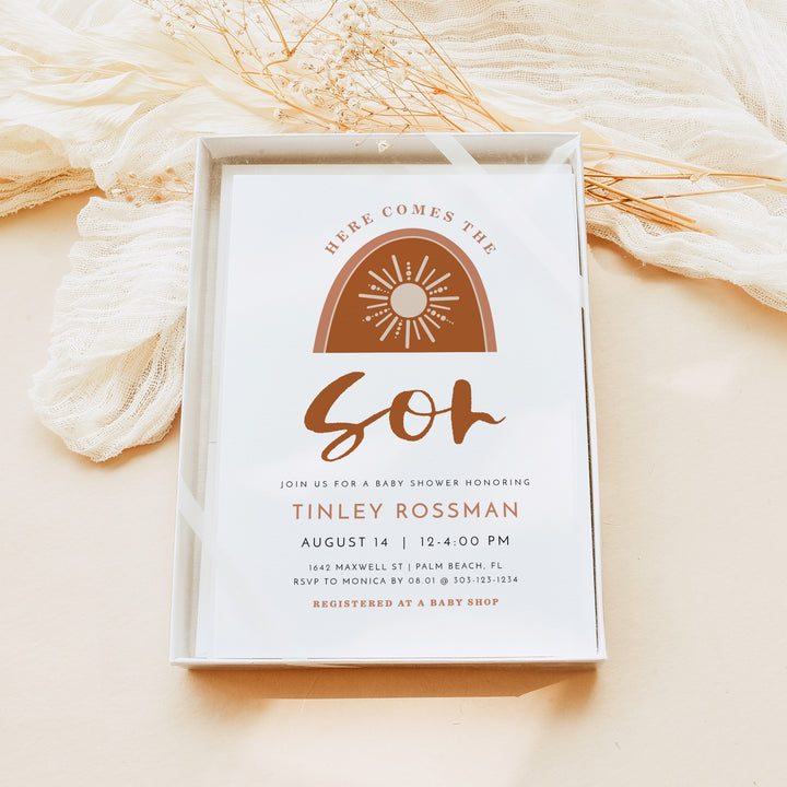 TINLEY Here Comes the Sun Boho Sun Baby Shower Invitation Suite