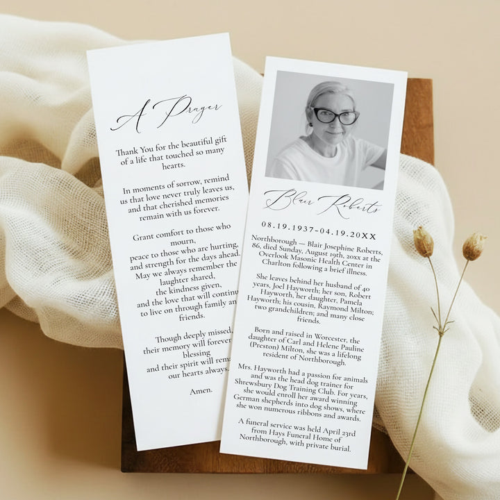 VALENTINA Black & White Modern Minimalist Unlaminated Memorial Prayer Bookmark