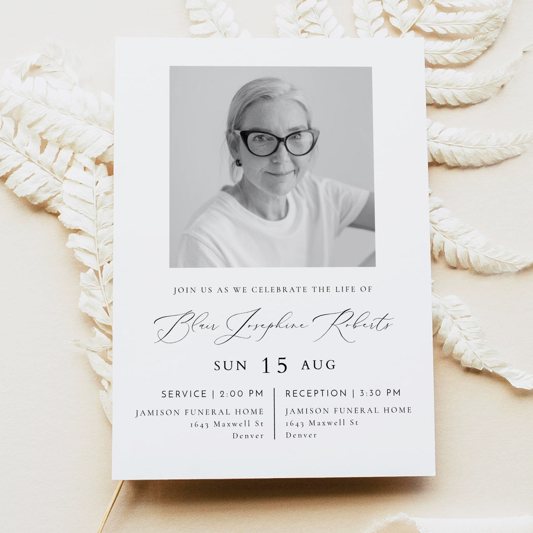 VALENTINA Modern Minimalist Black & White Memorial Service Photo Announcement