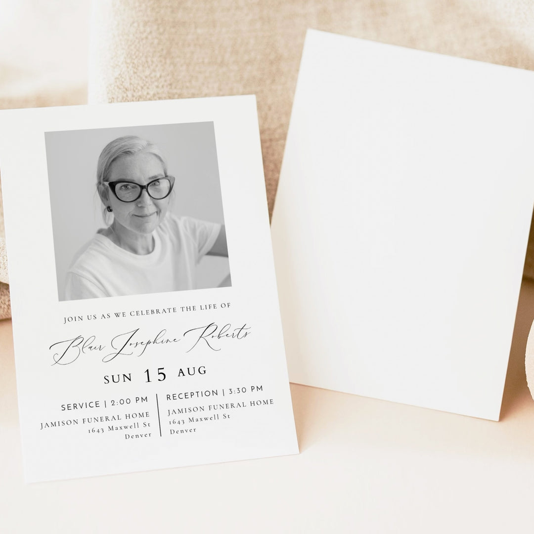 VALENTINA Modern Minimalist Black & White Memorial Service Photo Announcement