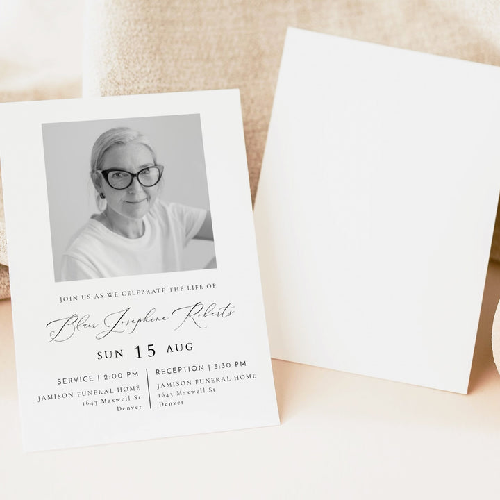 VALENTINA Modern Minimalist Black & White Memorial Service Photo Announcement