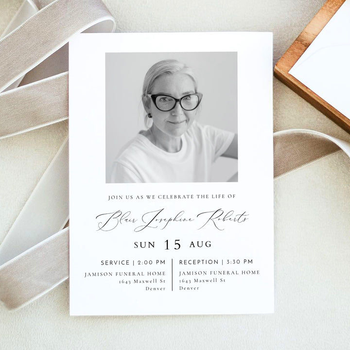 VALENTINA Modern Minimalist Black & White Memorial Service Photo Announcement