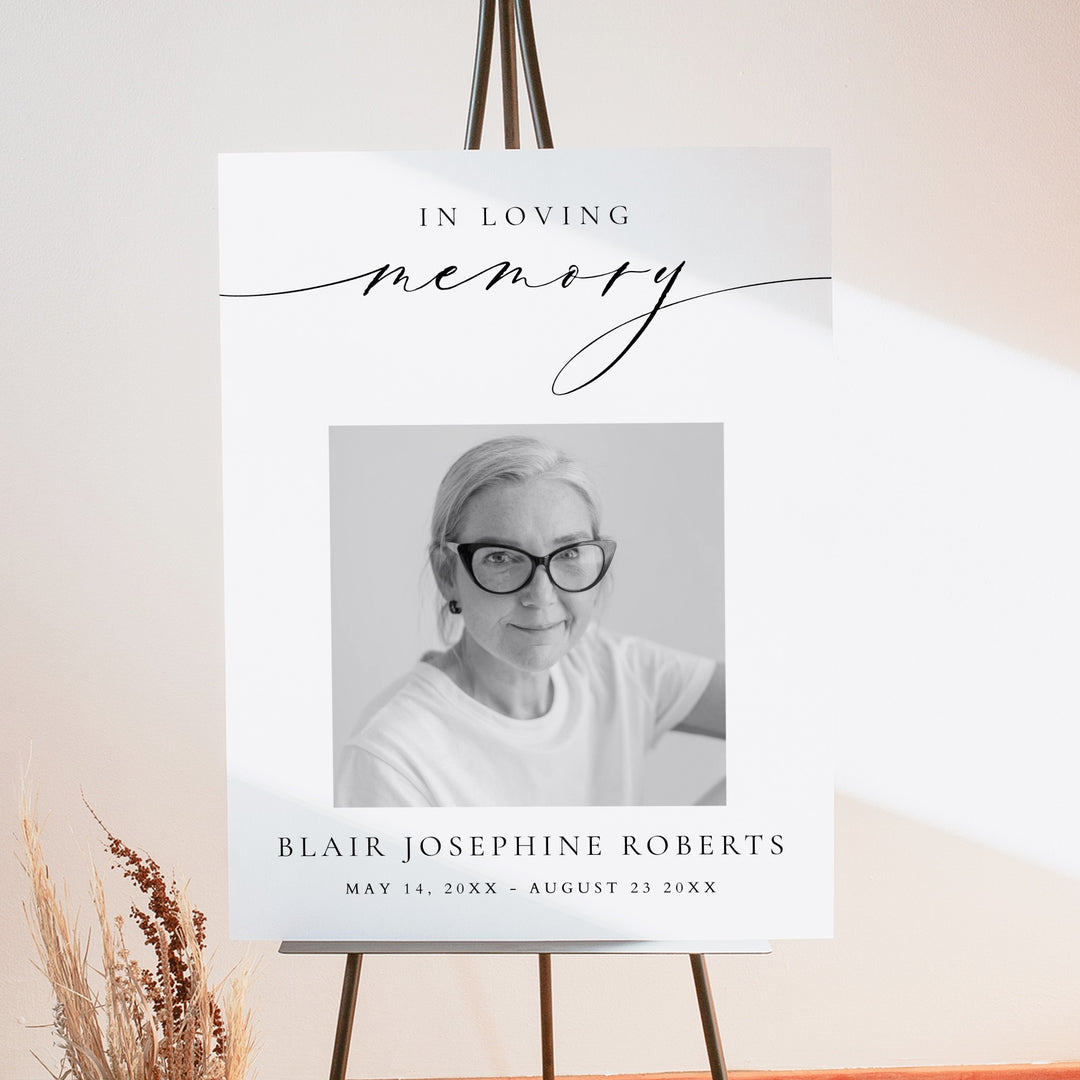 VALENTINA In Loving Memory Minimalist Black & White Memorial Funeral Welcome Sign
