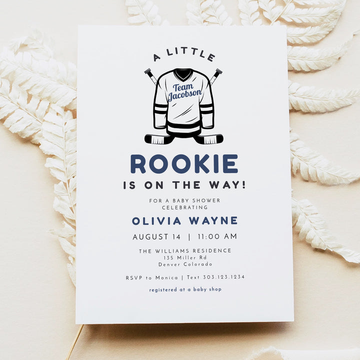 WAYNE A Little Rookie on the Way Hockey Jersey Baby Shower Invitation