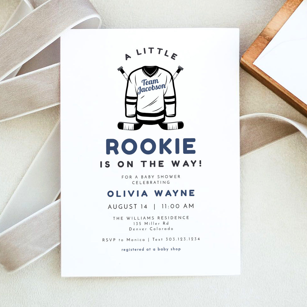 WAYNE A Little Rookie on the Way Hockey Jersey Baby Shower Invitation