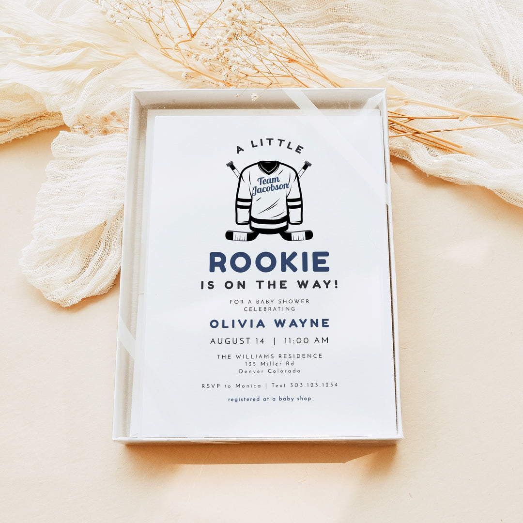 WAYNE A Little Rookie on the Way Hockey Jersey Baby Shower Invitation