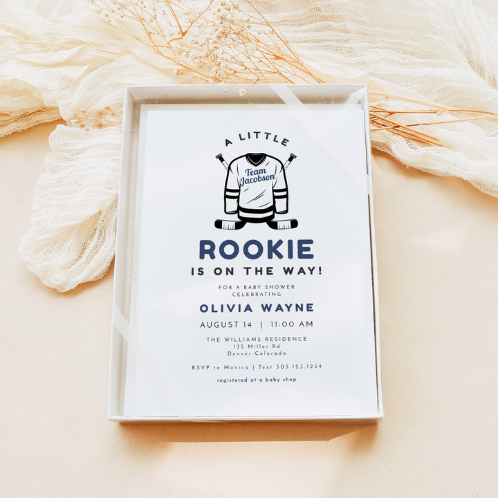 WAYNE A Little Rookie on the Way Hockey Jersey Baby Shower Invitation
