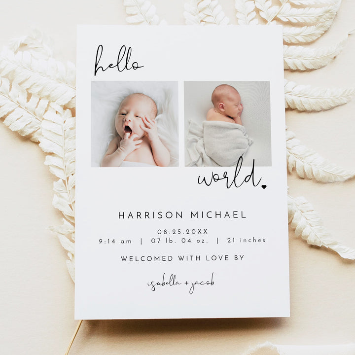 ADELLA Black & White Modern Minimalist Hello World Birth Announcement Photo Card