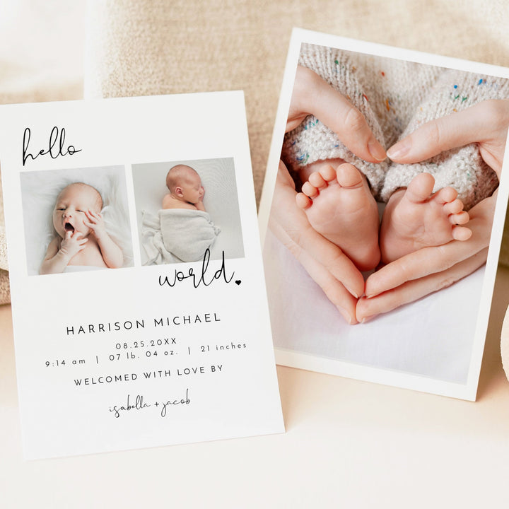 ADELLA Black & White Modern Minimalist Hello World Birth Announcement Photo Card