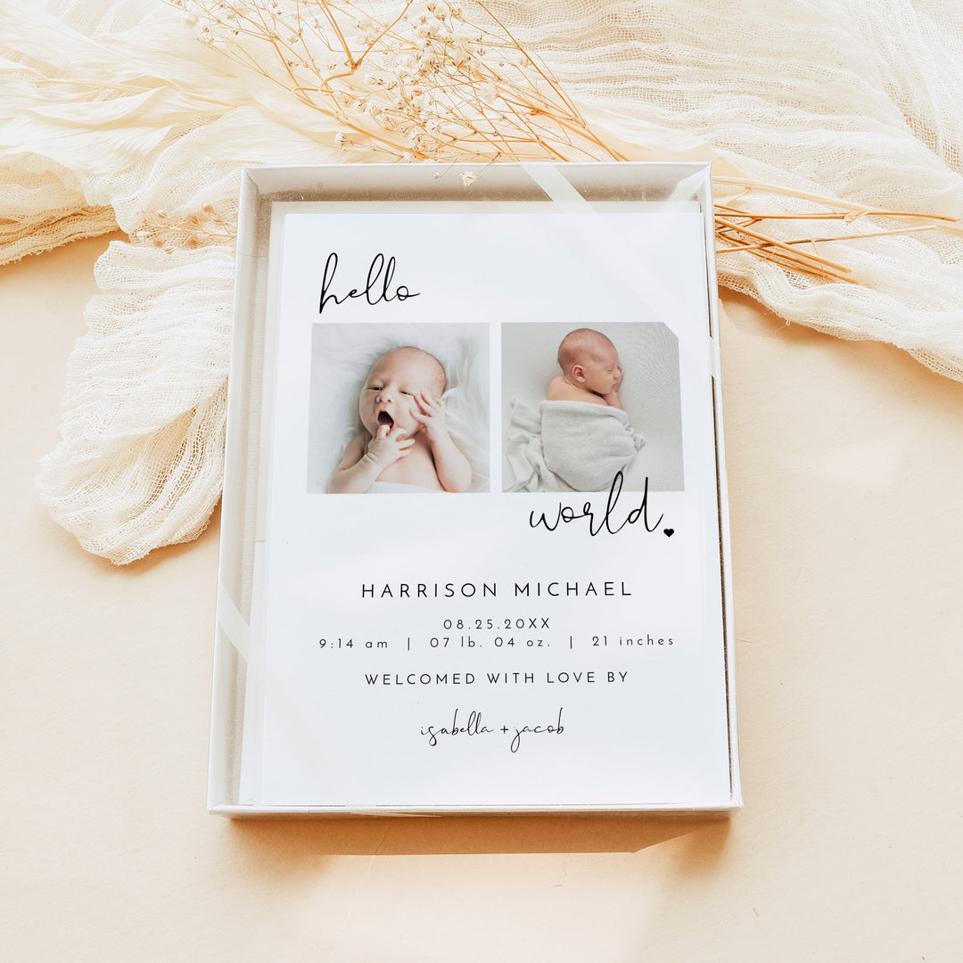 ADELLA Black & White Modern Minimalist Hello World Birth Announcement Photo Card