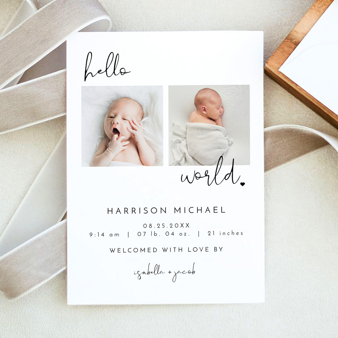 ADELLA Black & White Modern Minimalist Hello World Birth Announcement Photo Card