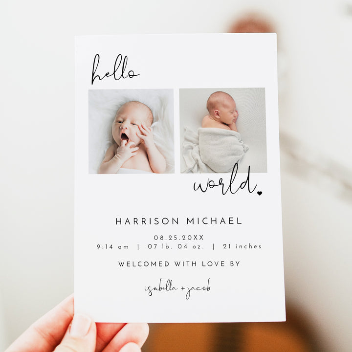 ADELLA Black & White Modern Minimalist Hello World Birth Announcement Photo Card