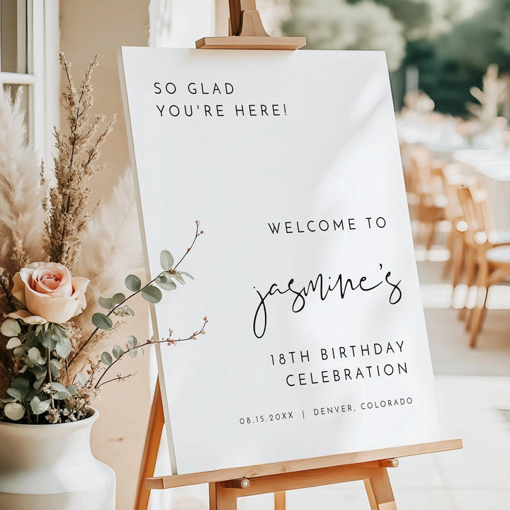 ADELLA Glad You're Here Black & White Modern 18th Birthday Party Welcome Sign