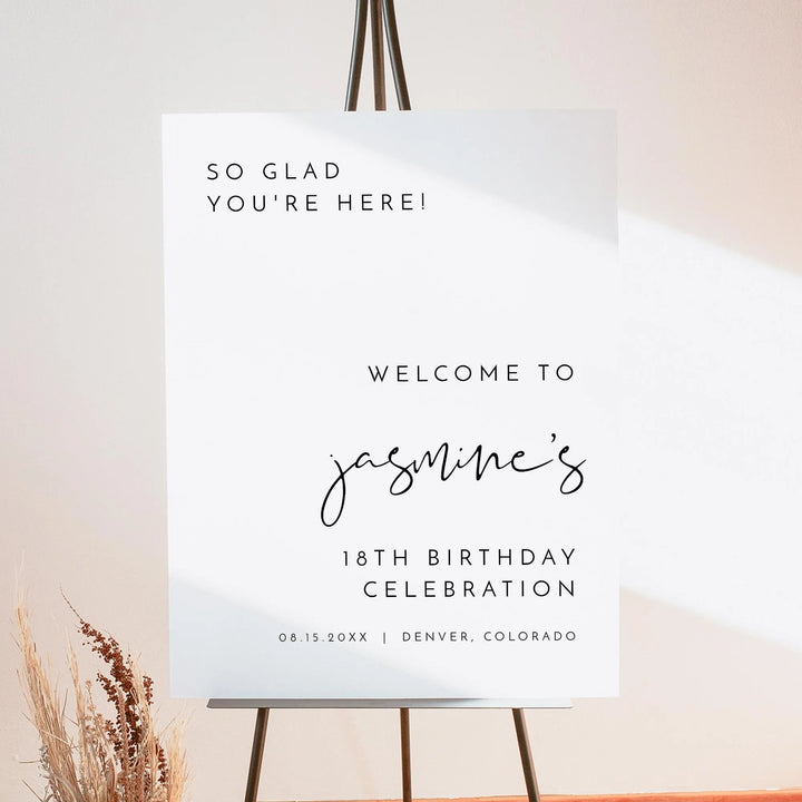 ADELLA Glad You're Here Black & White Modern 18th Birthday Party Welcome Sign