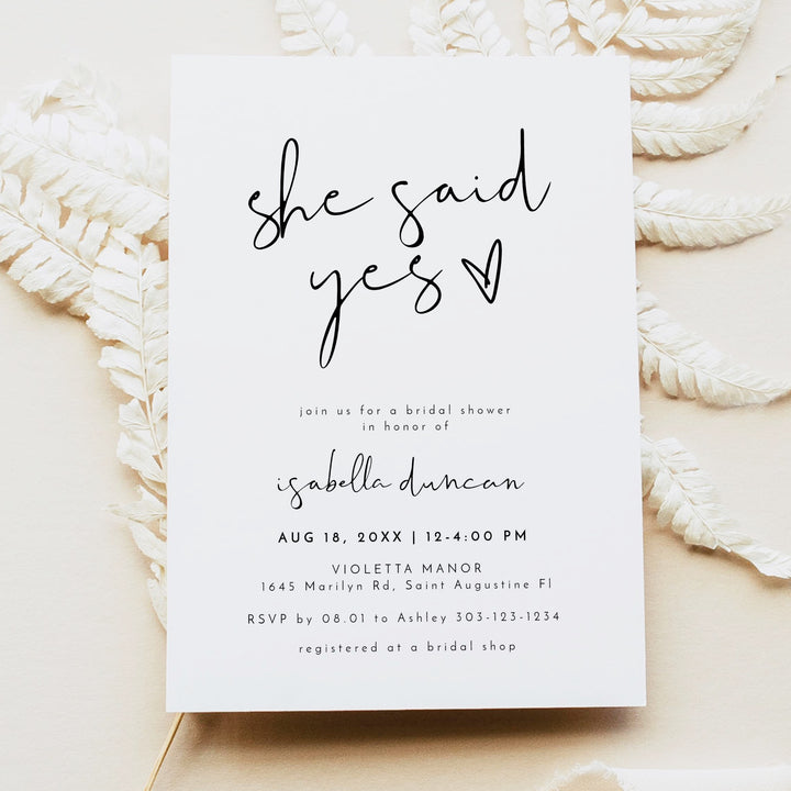 ADELLA She Said Yes Black & White Modern Bridal Shower Invitation