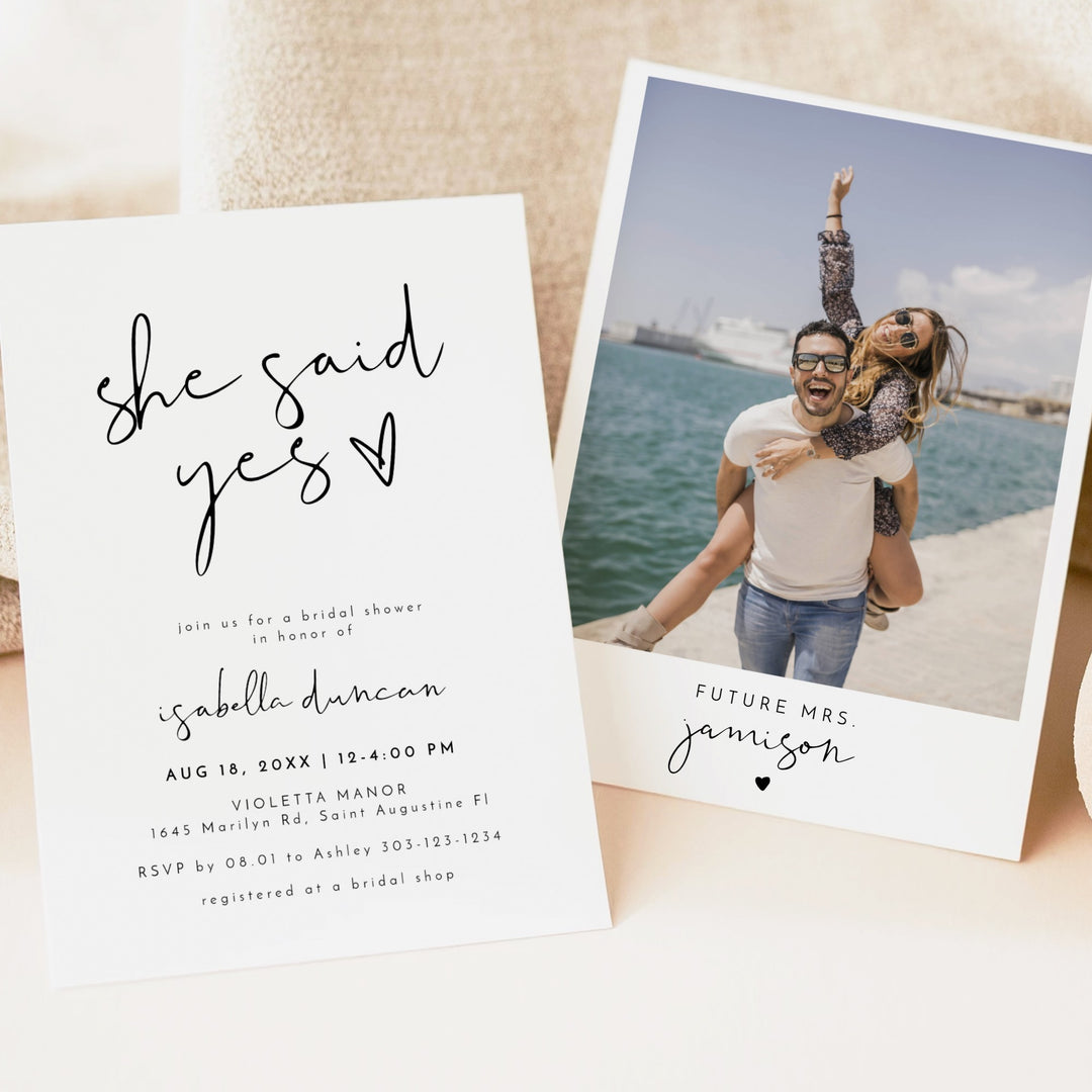 ADELLA She Said Yes Black & White Modern Bridal Shower Invitation