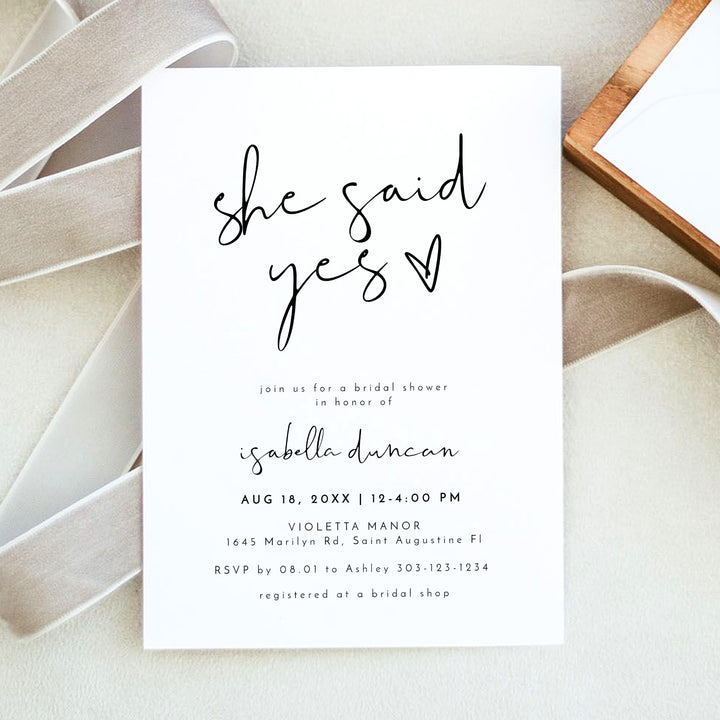 ADELLA She Said Yes Black & White Modern Bridal Shower Invitation