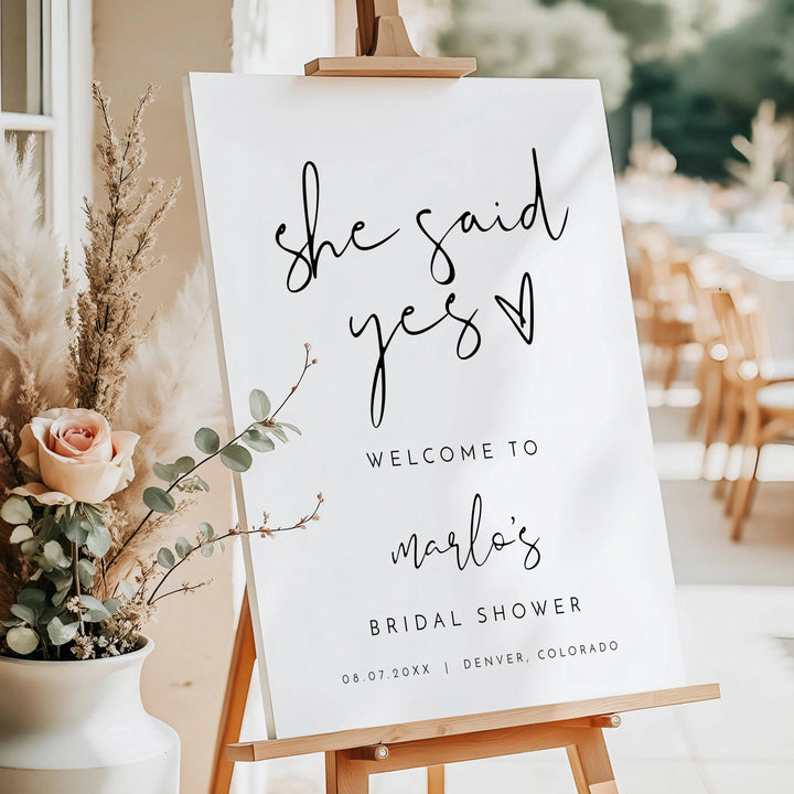 ADELLA She Said Yes Black & White Modern Bridal Shower Welcome Sign