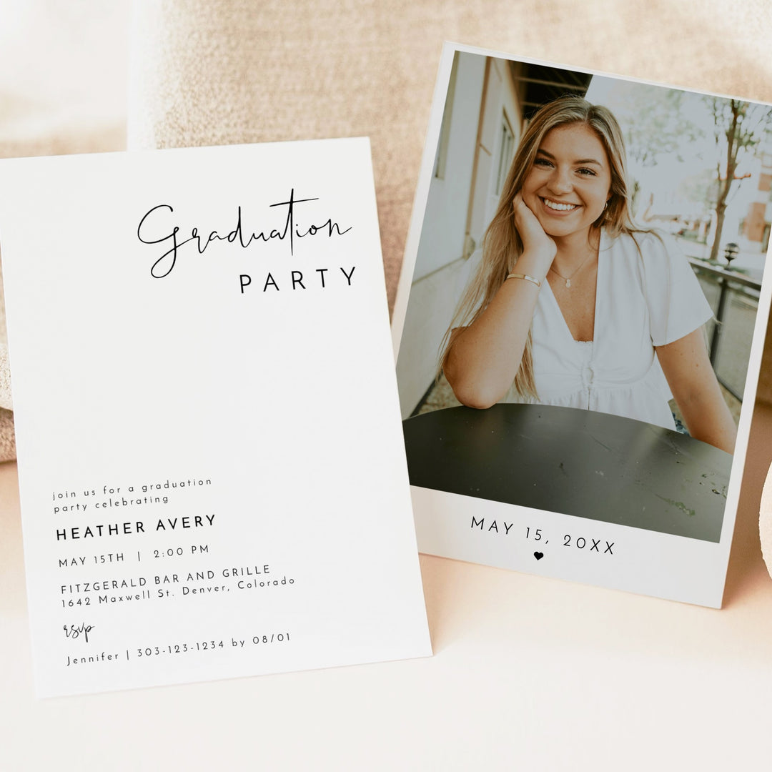 ADELLA Black & White Modern Graduation Party Invitation with Photo