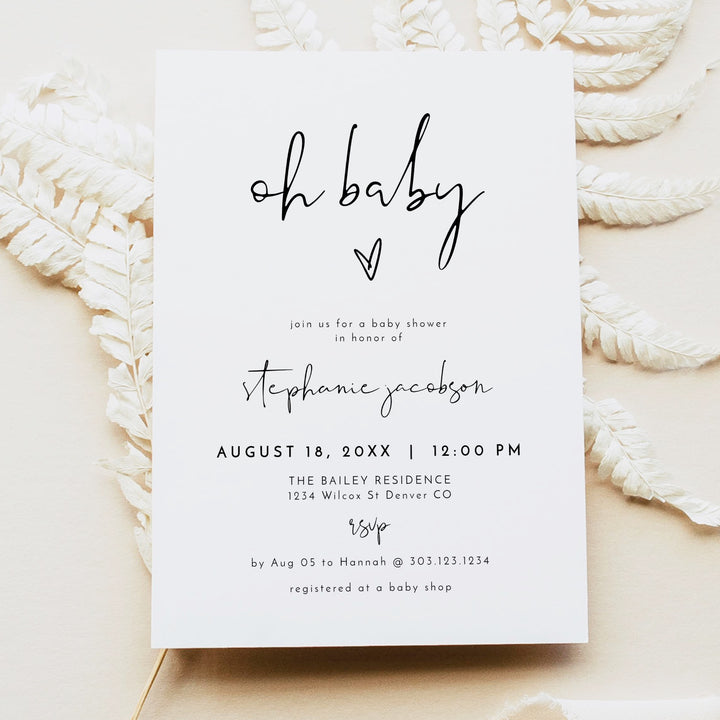 ADELLA Oh Baby Black & White Modern Minimalist Baby Shower Invitation Bundle