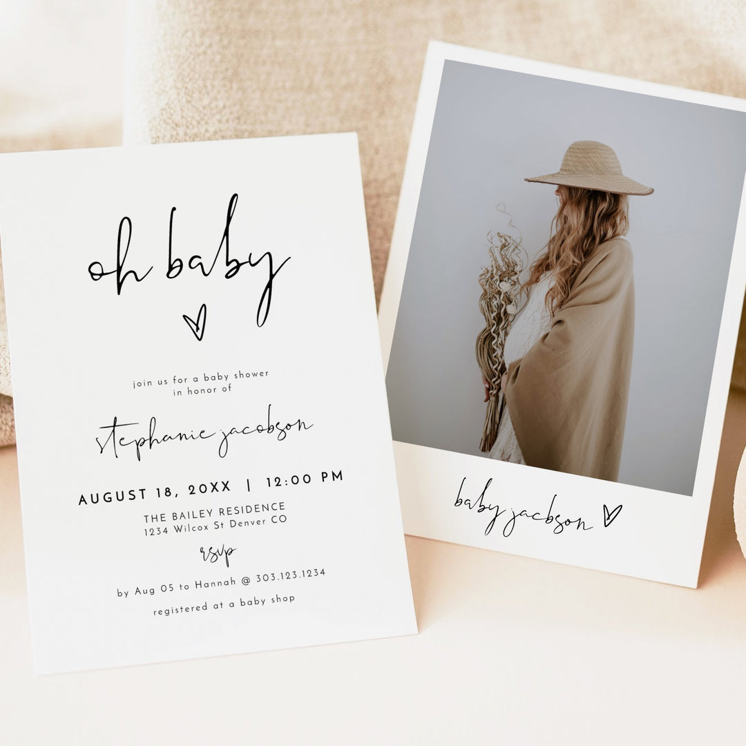 ADELLA Oh Baby Black & White Modern Minimalist Baby Shower Invitation Bundle