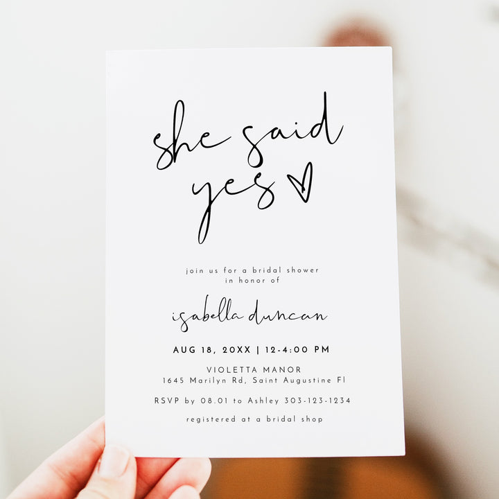 ADELLA She Said Yes Black & White Modern Bridal Shower Invitation
