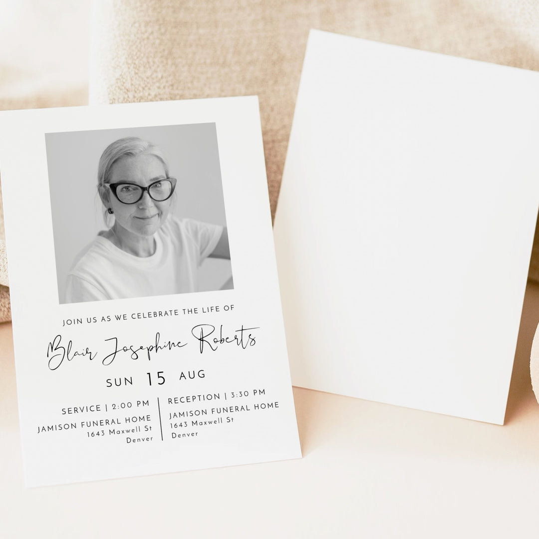ADELLA Modern Minimalist Black & White Memorial Service Announcement with Photo